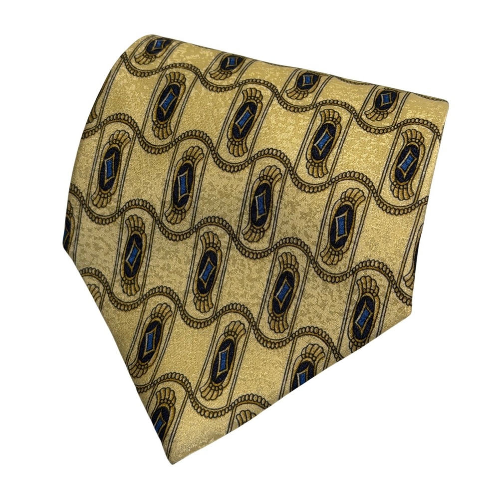 VTG Countess Mara Silk Tie Gold Blue Geometric Medallion Art Deco Men's Necktie